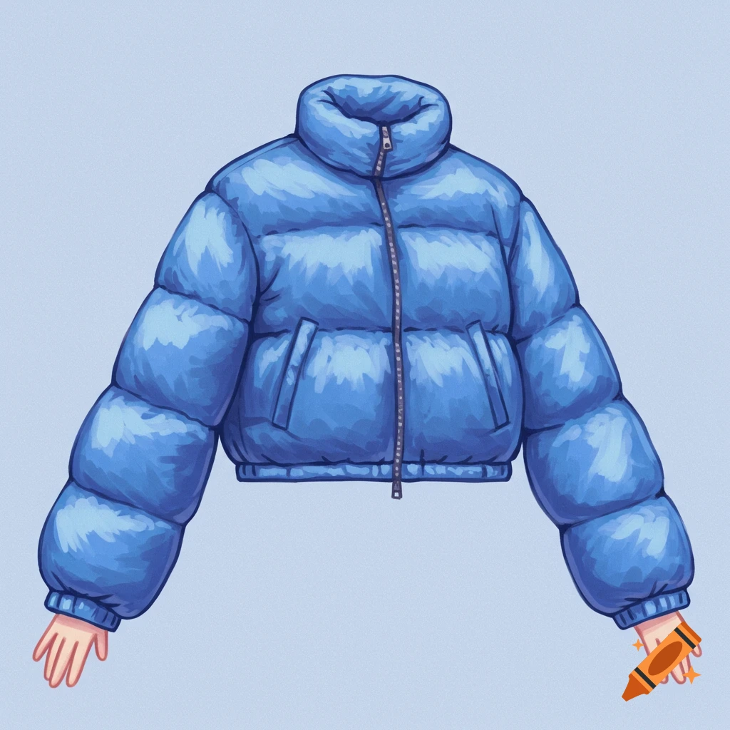 Illustration of a blue puffer jacket with hands coming out of the sleeves.