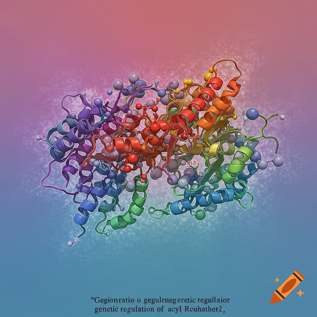 Detailed illustration of a complex protein or molecule structure in vibrant colors.
