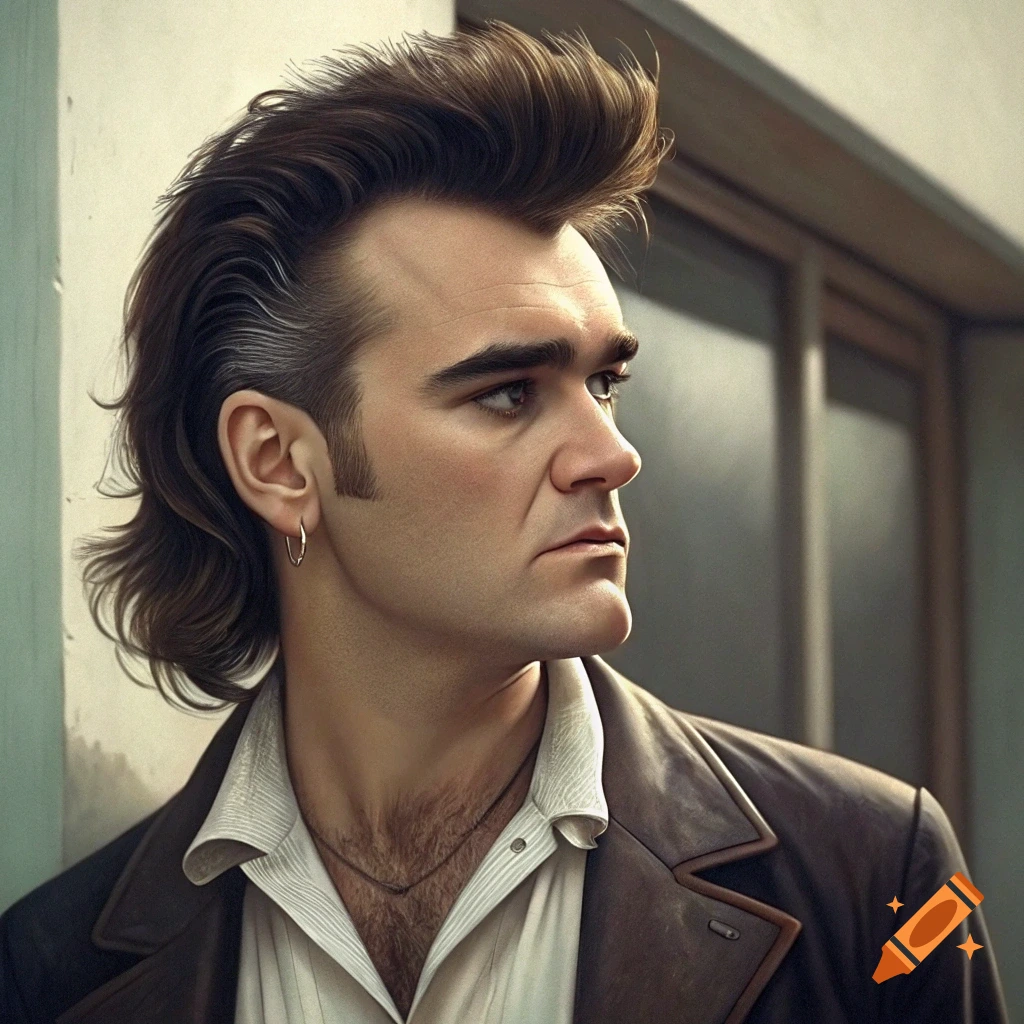 Realistic portrait of a man with a large mullet hairstyle, wearing a shirt and jacket