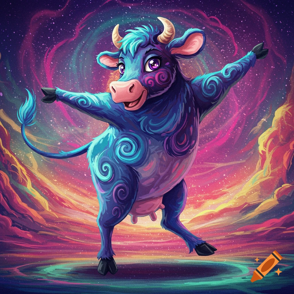 Cartoon cow dancing in a colorful space background