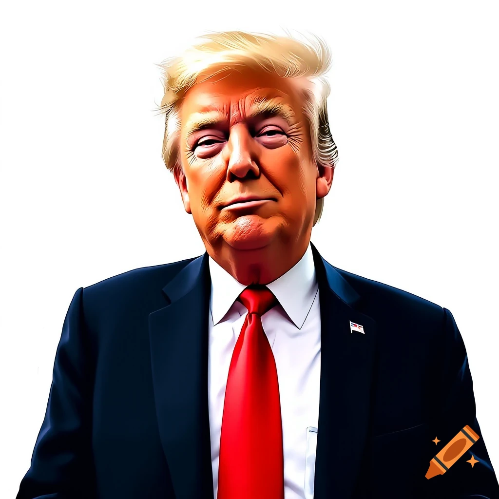 Stylized portrait of Donald Trump in a suit and red tie against a white background.