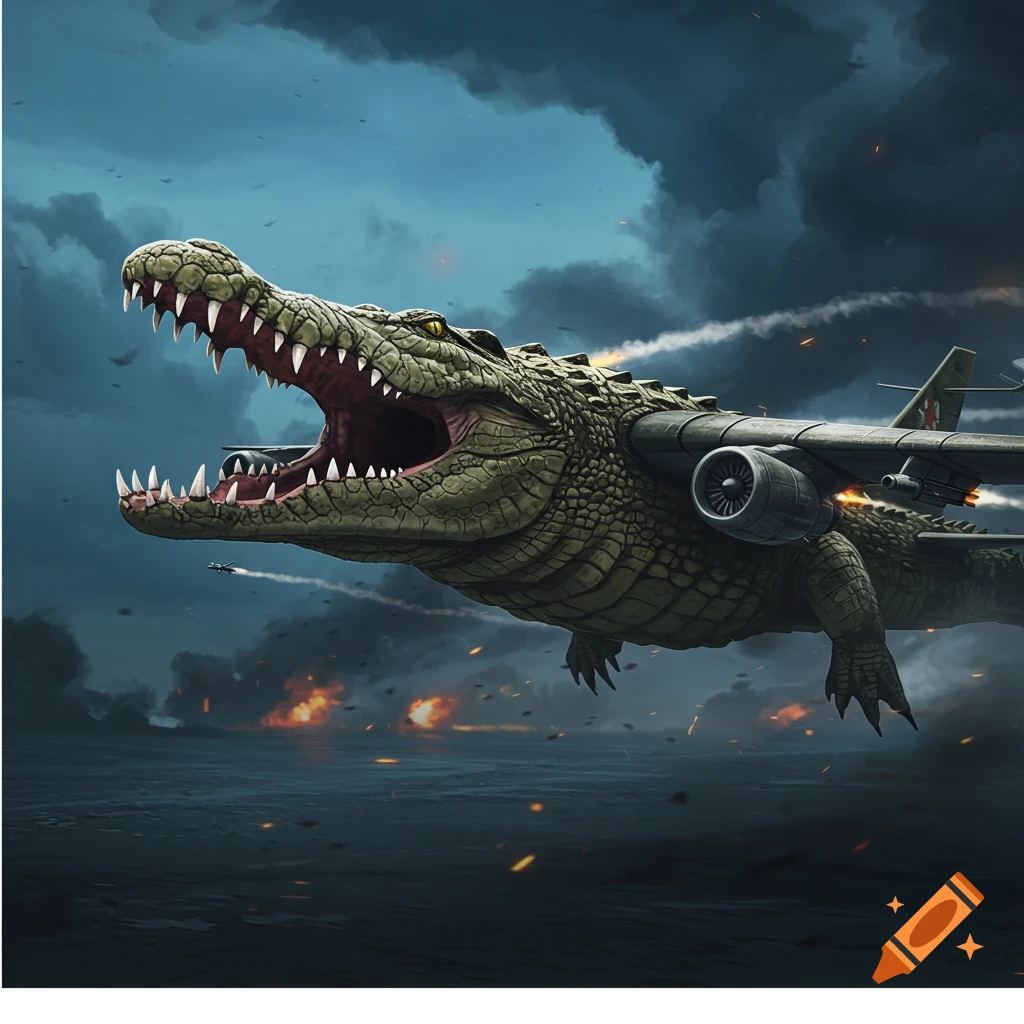 A massive flying crocodile with airplane wings flies over a stormy sea with explosions below.