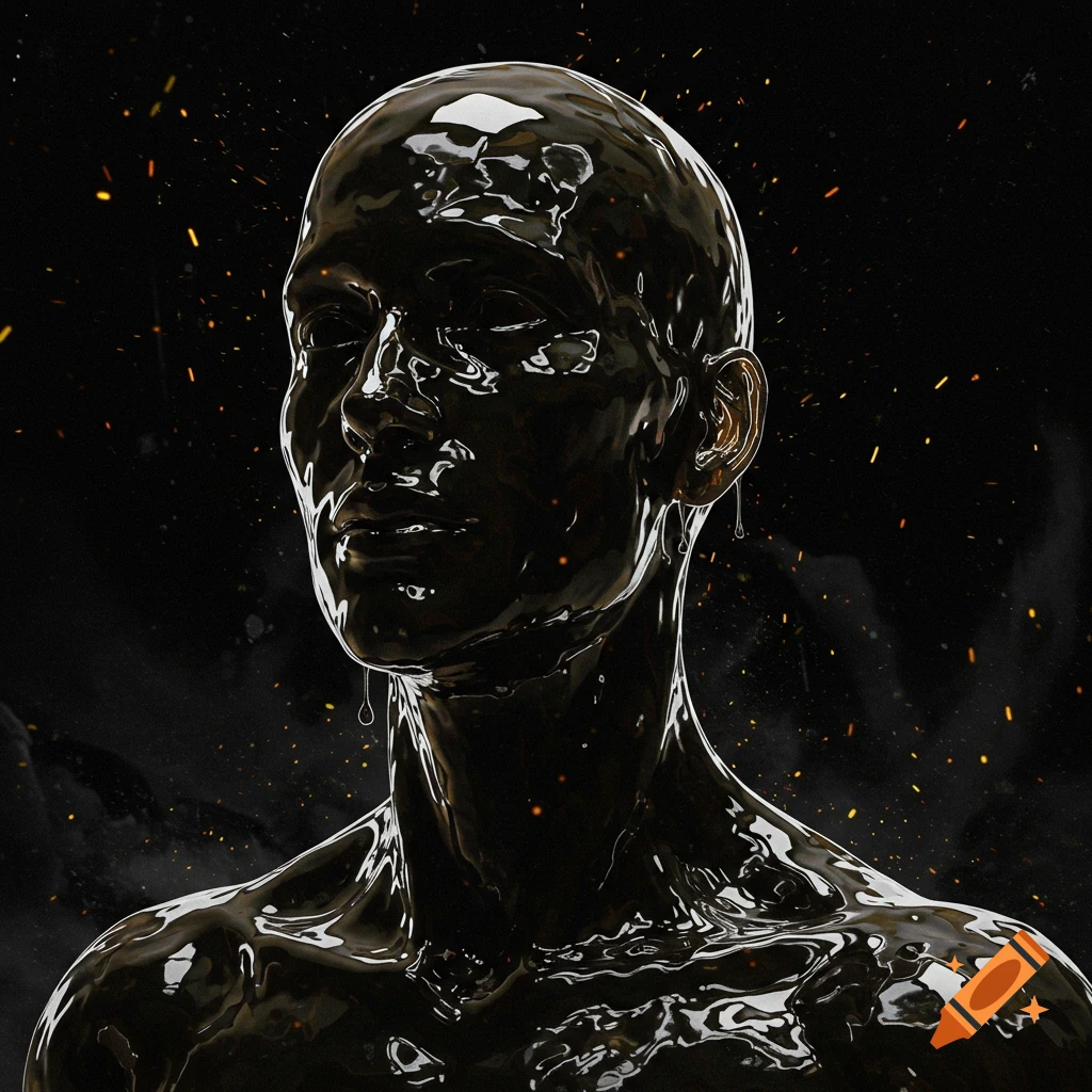 Digital art portrait of a person covered in dripping black oil with sparks