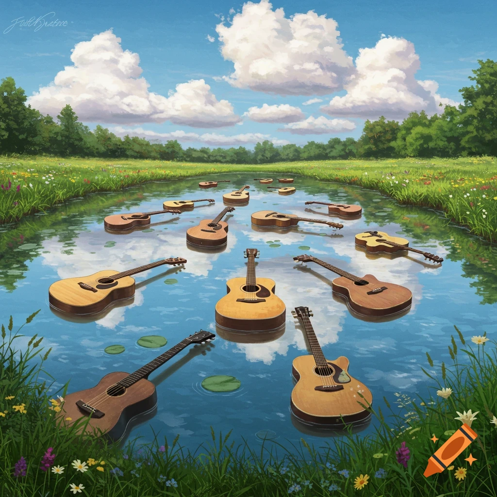A pond in a grassy field filled with acoustic guitars floating on the water under a cloudy sky.