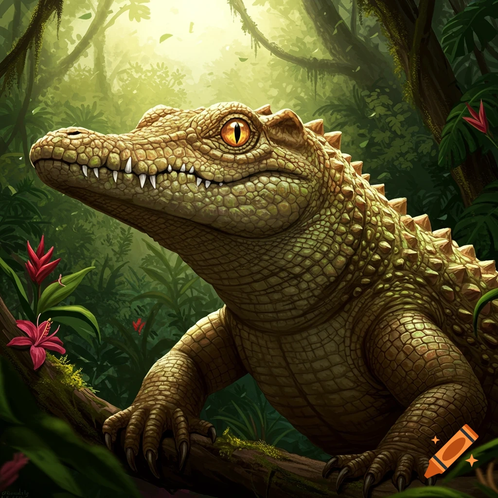 Close-up illustration of a crocodile in a jungle.
