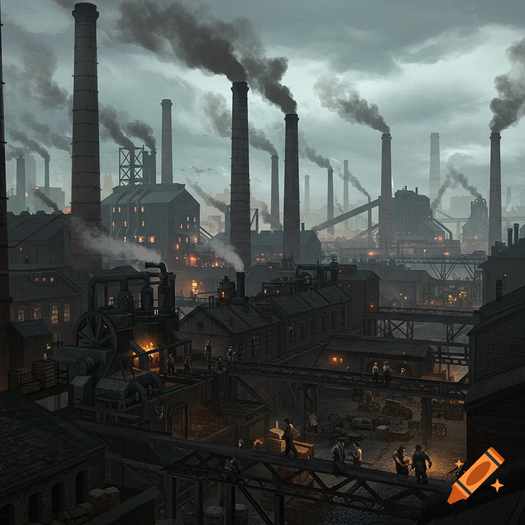 Sprawling industrial complex with smokestacks, buildings, and workers, dark atmospheric illustration.