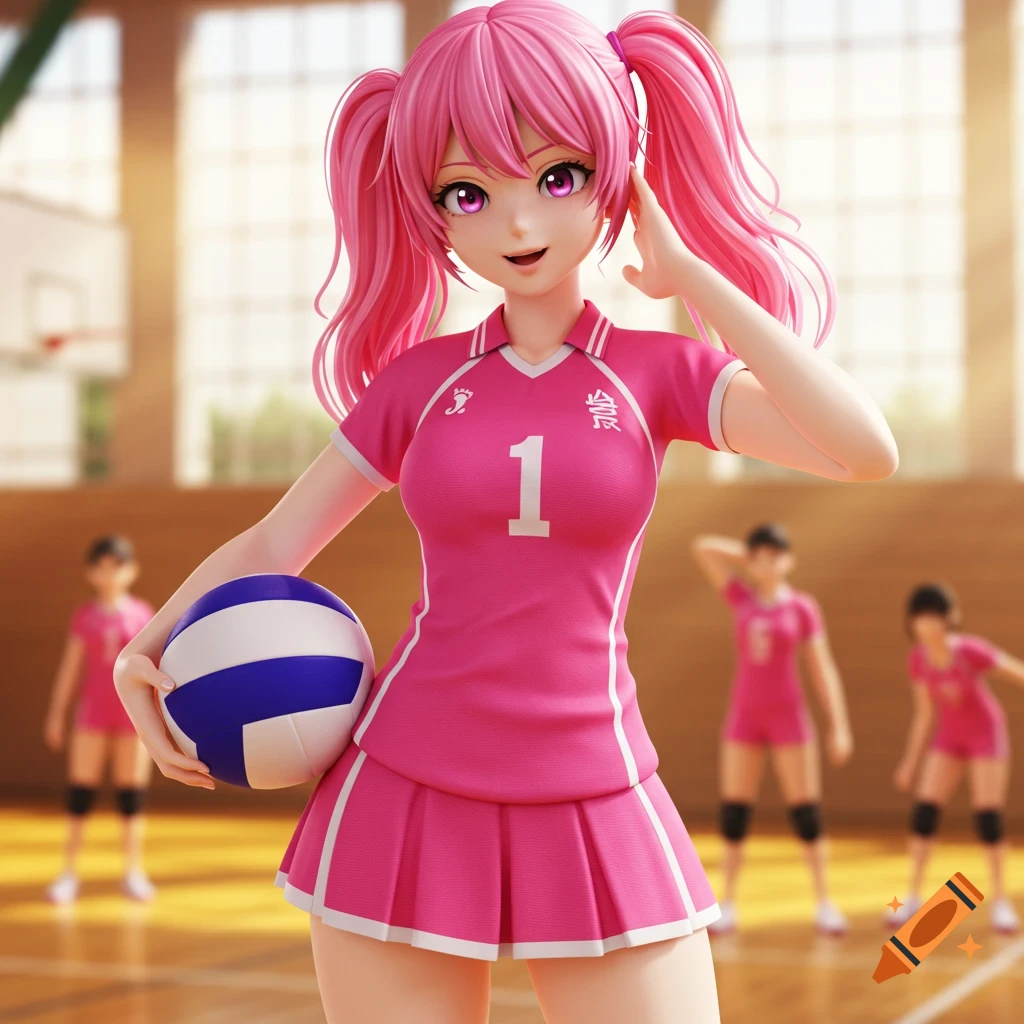 Anime girl with pink hair in a pink volleyball uniform holding a volleyball in a gym.