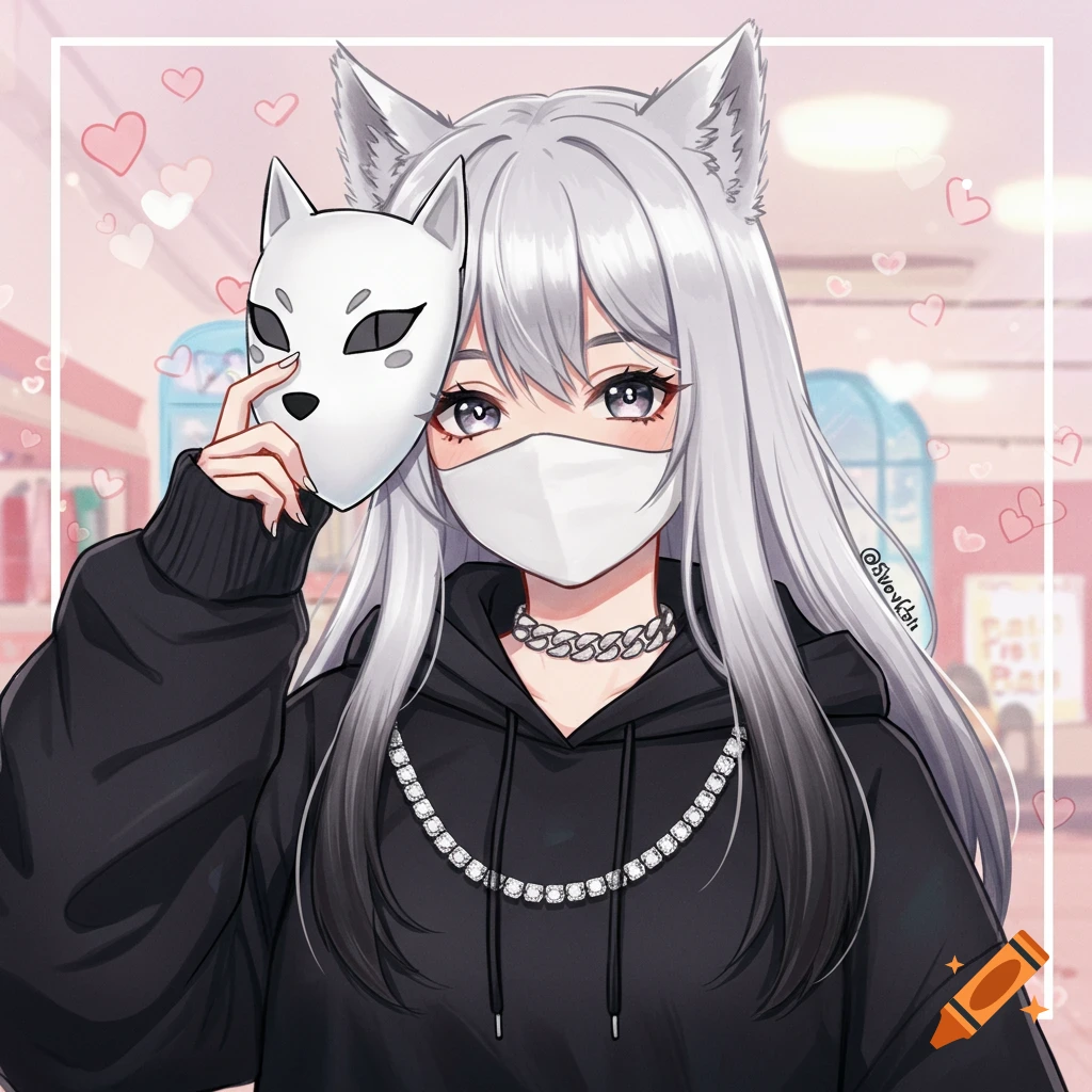 Anime girl with wolf cut hair, face mask, hoodie and chains on Craiyon