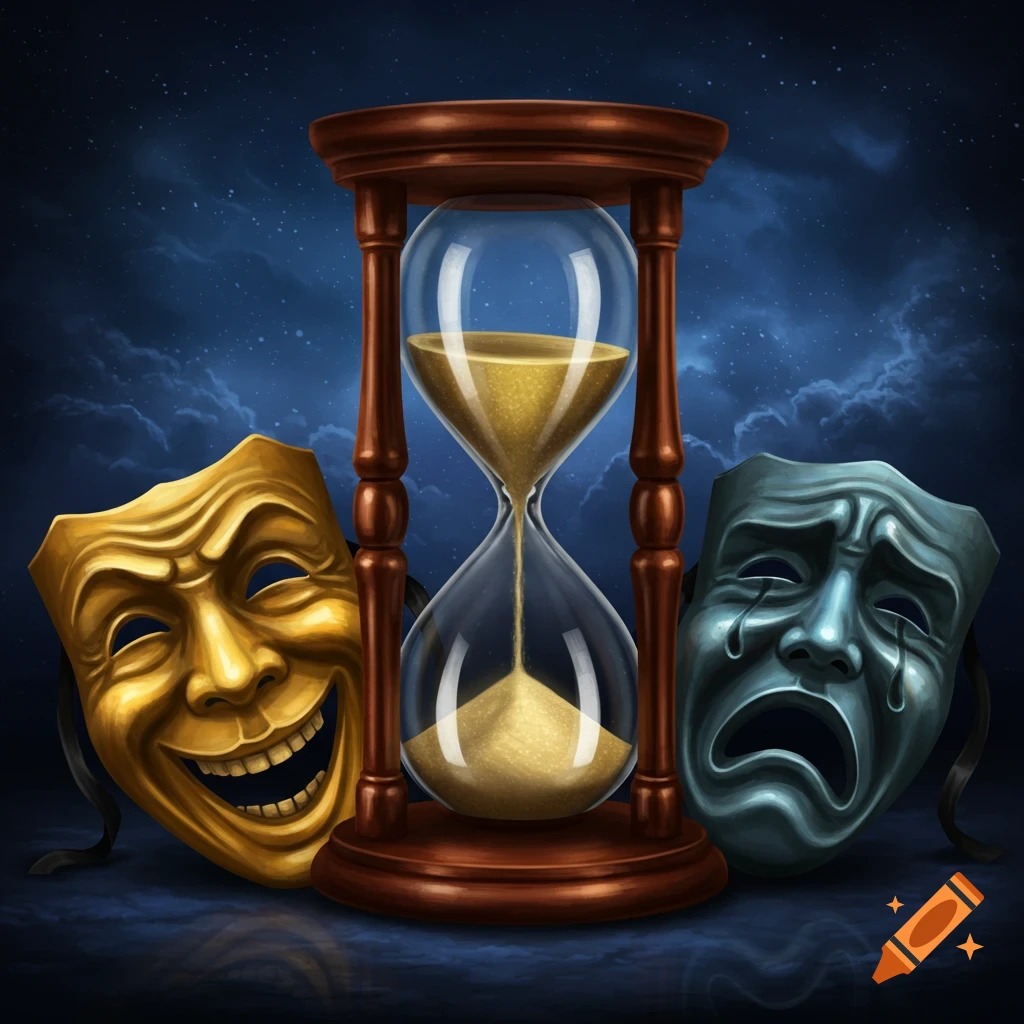 Hourglass between golden comedy mask and blue tragedy mask under a starry sky, digital art.