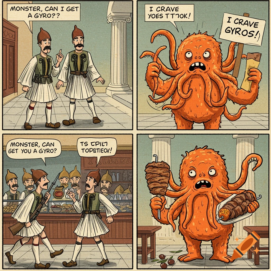 Funny comic strip of a Greek soldier and a monster