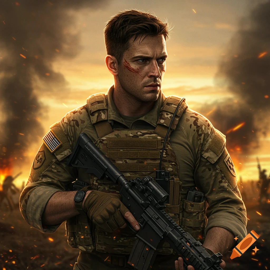 Soldier in tactical gear holding a rifle in a smoky combat zone at sunset.