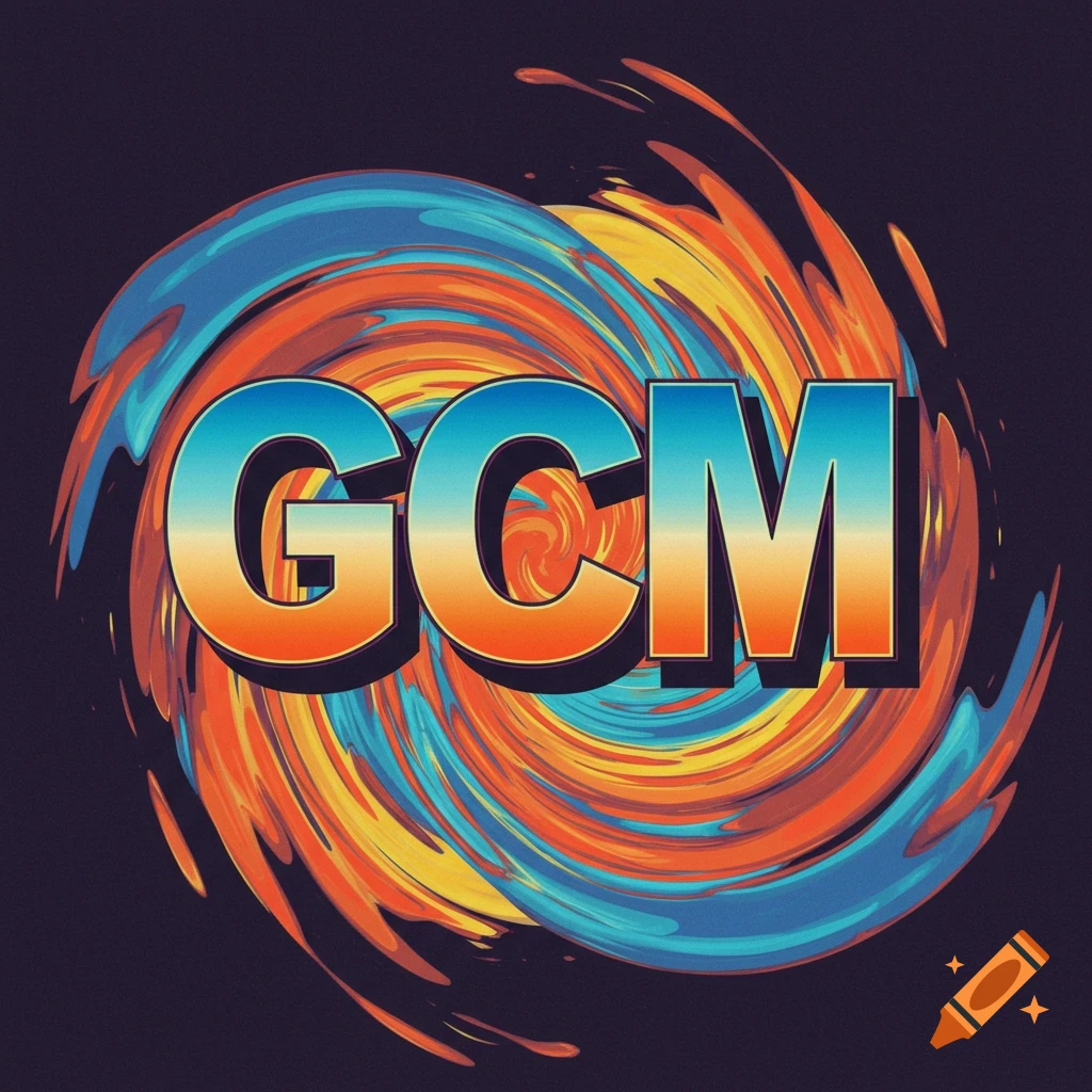 The letters GCM in blue and orange gradient over a swirling abstract background.