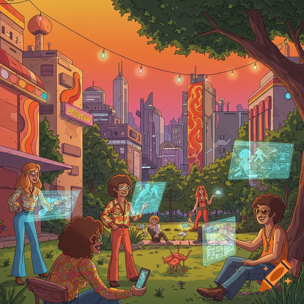 70s retro-futuristic illustration of people in a park interacting with holographic screens, with a stylized city skyline in the background.