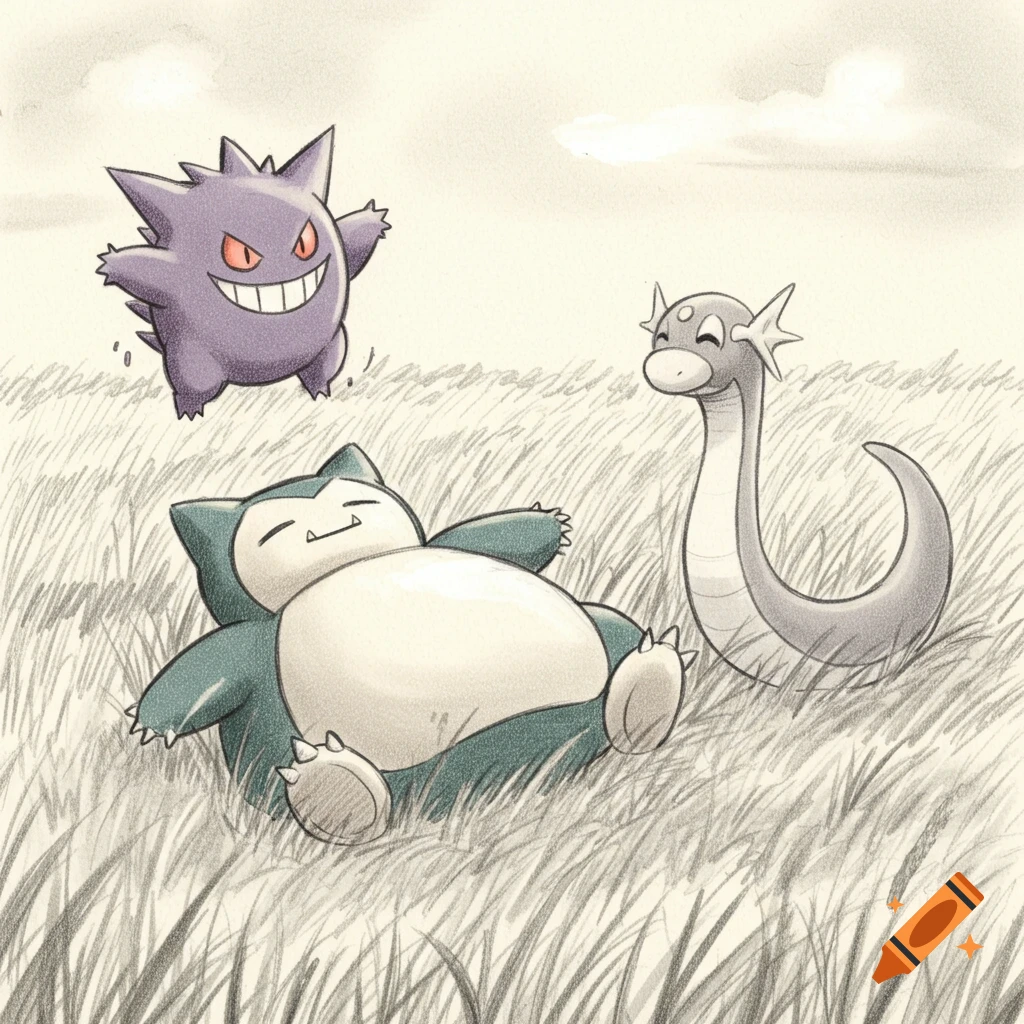 Gengar floats above a sleeping Snorlax and a standing Dratini in a grassy field, drawn in a pencil sketch style.