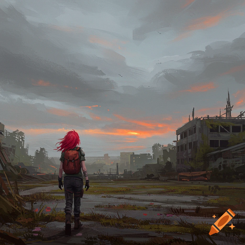 A person with red hair and a backpack walks through a ruined city at sunset.