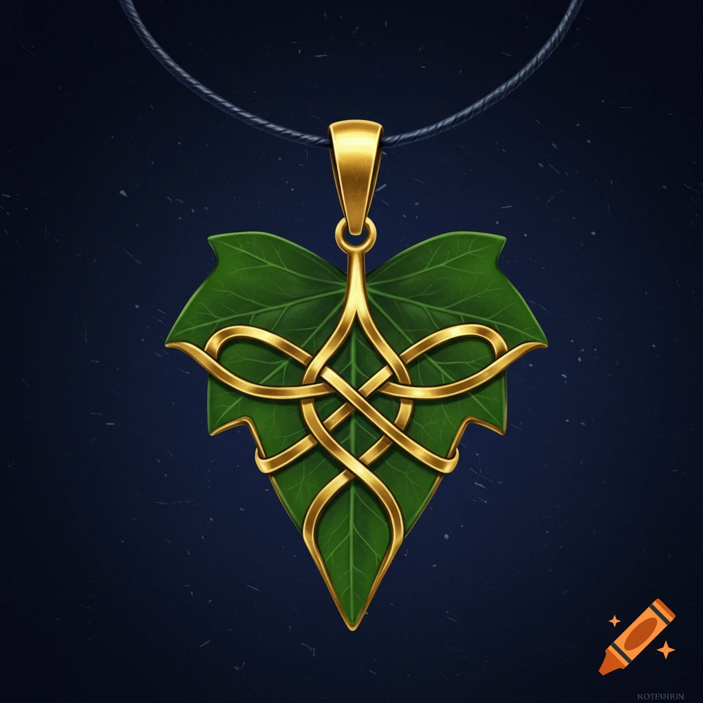 Hollow ivy leaf pendant with gold endless knot outline