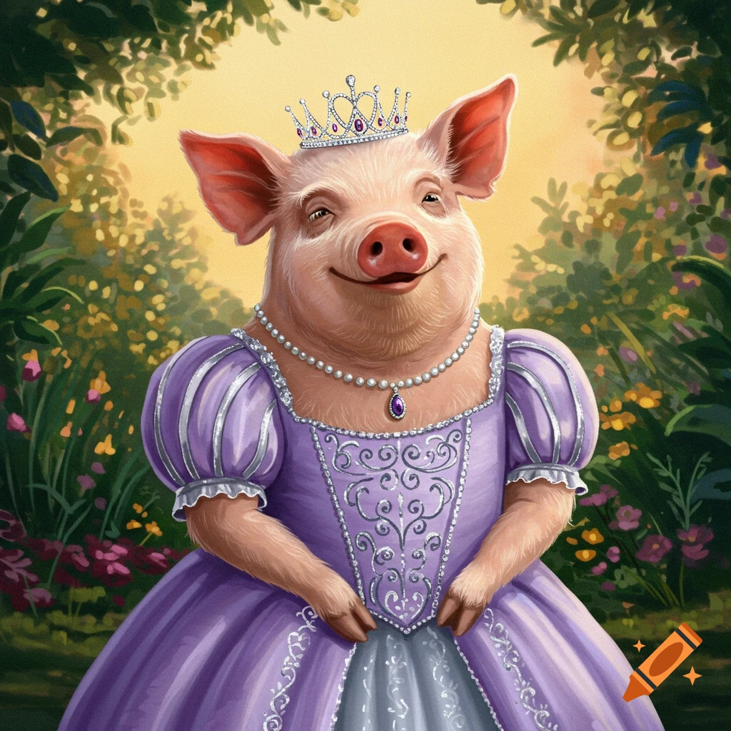 A pig wearing a purple princess dress and a crown stands in a garden.