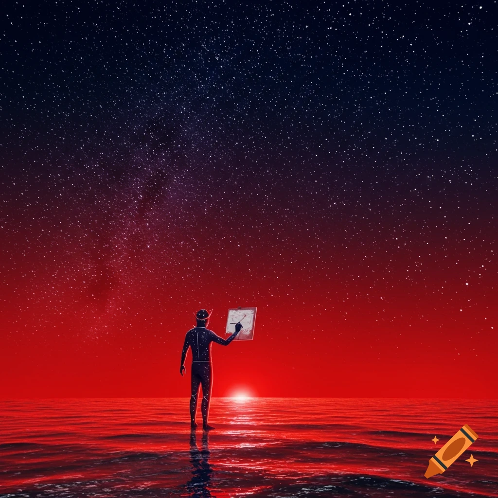 A celestial figure stands in red water, painting stars in the night sky.