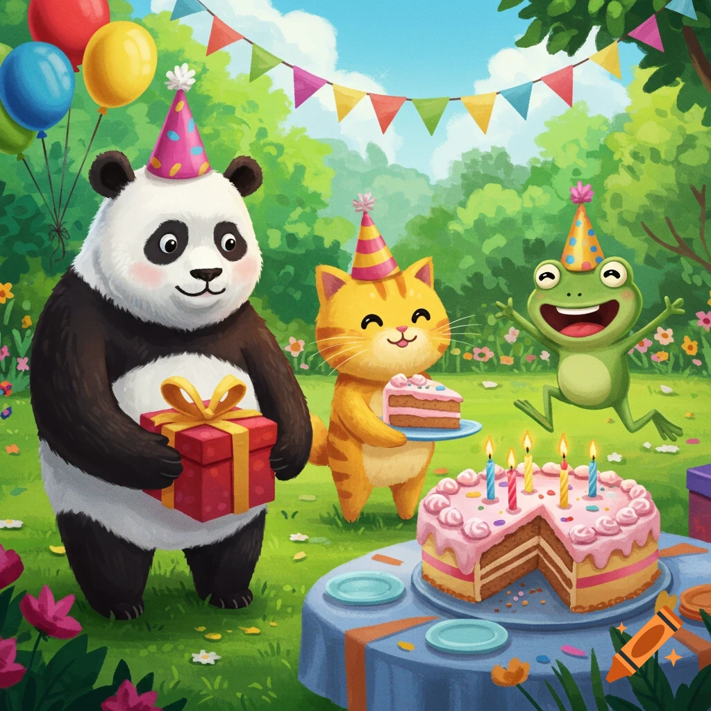 A cartoon panda, cat, and frog celebrate a birthday party with cake and presents in a garden.