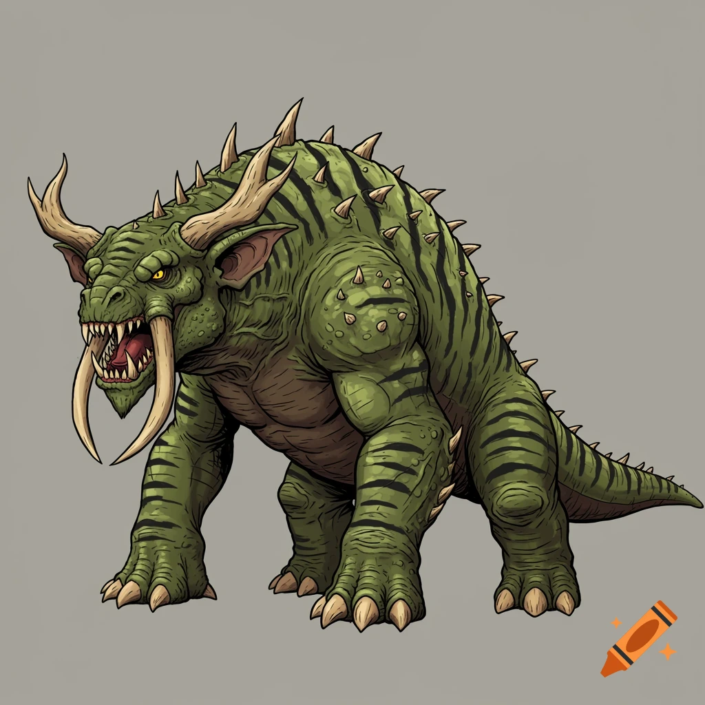 A large green monster with black stripes, spikes, tusks, and horns.