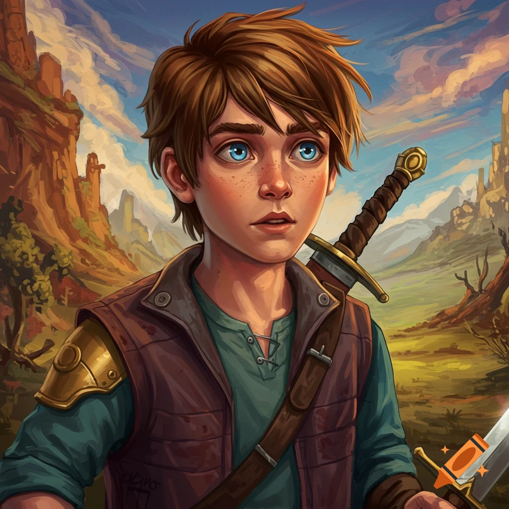 A young boy with a sword stands in a fantasy landscape.