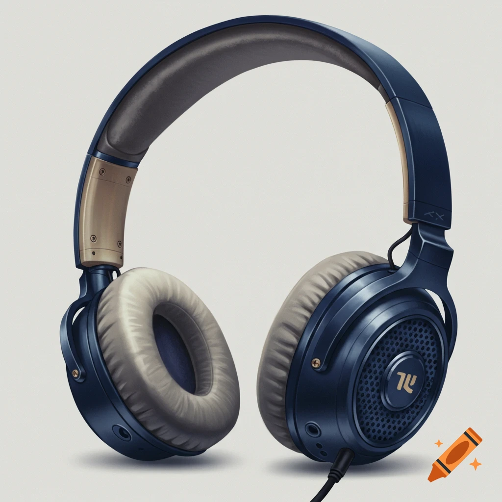 A pair of dark blue and tan over-ear headphones on a white background.