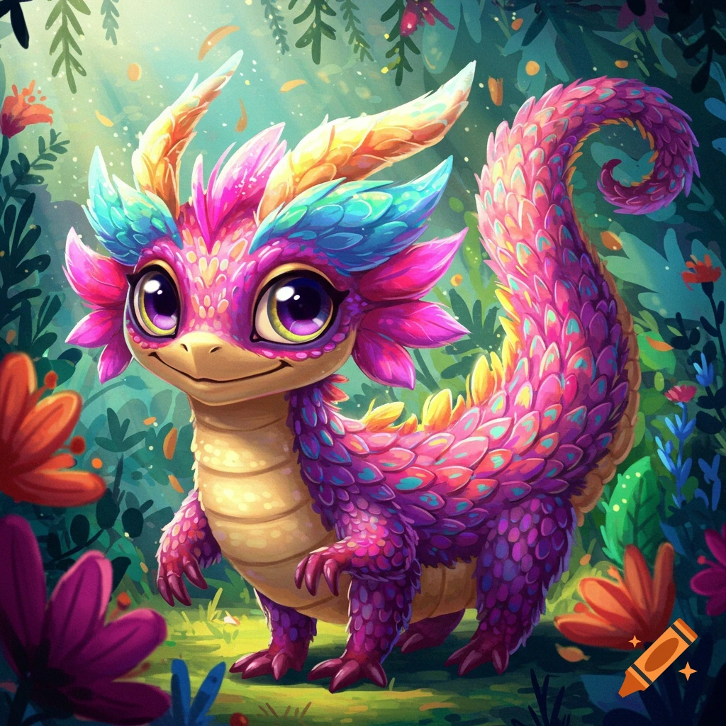 A cute, colorful cartoon dragon stands in a forest.