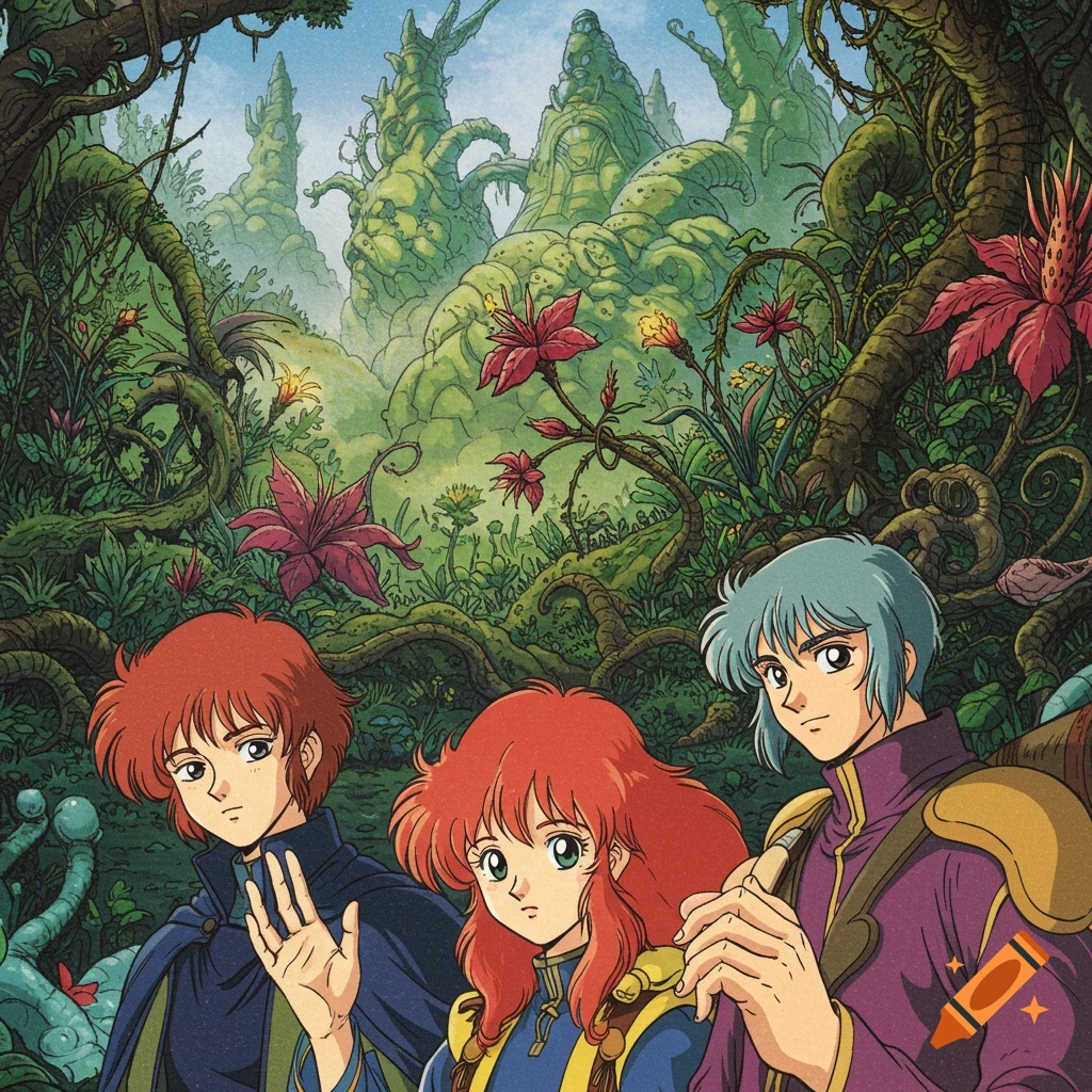 Three anime characters stand in a vibrant fantasy forest