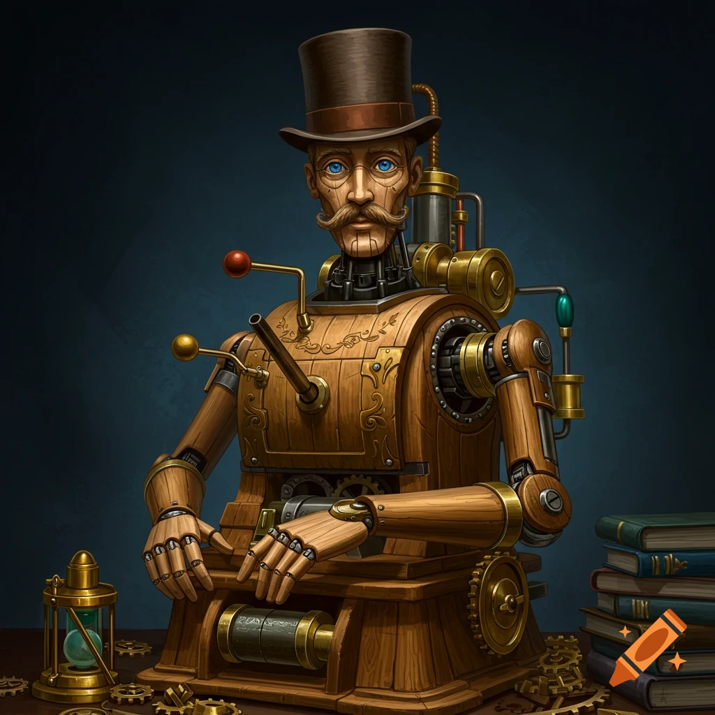 Steampunk automaton wearing a top hat, seated at a table with gears, hourglass, and books.
