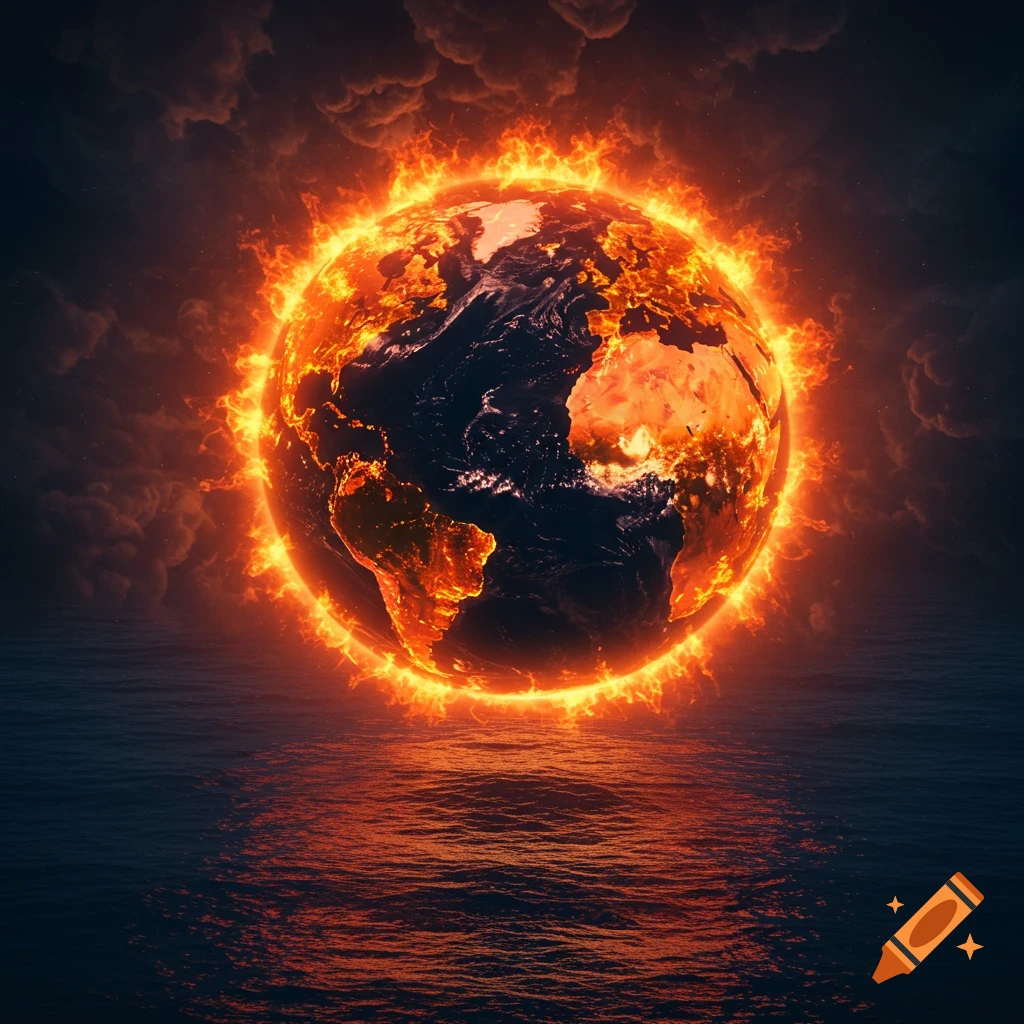 The Earth is shown engulfed in bright orange flames, floating above a dark, wavy ocean under stormy clouds.