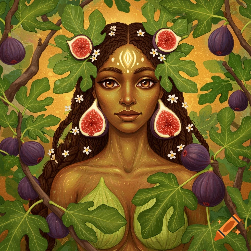 Illustration of a woman with fig leaves and figs, wearing fig leaf clothing and fig earrings.
