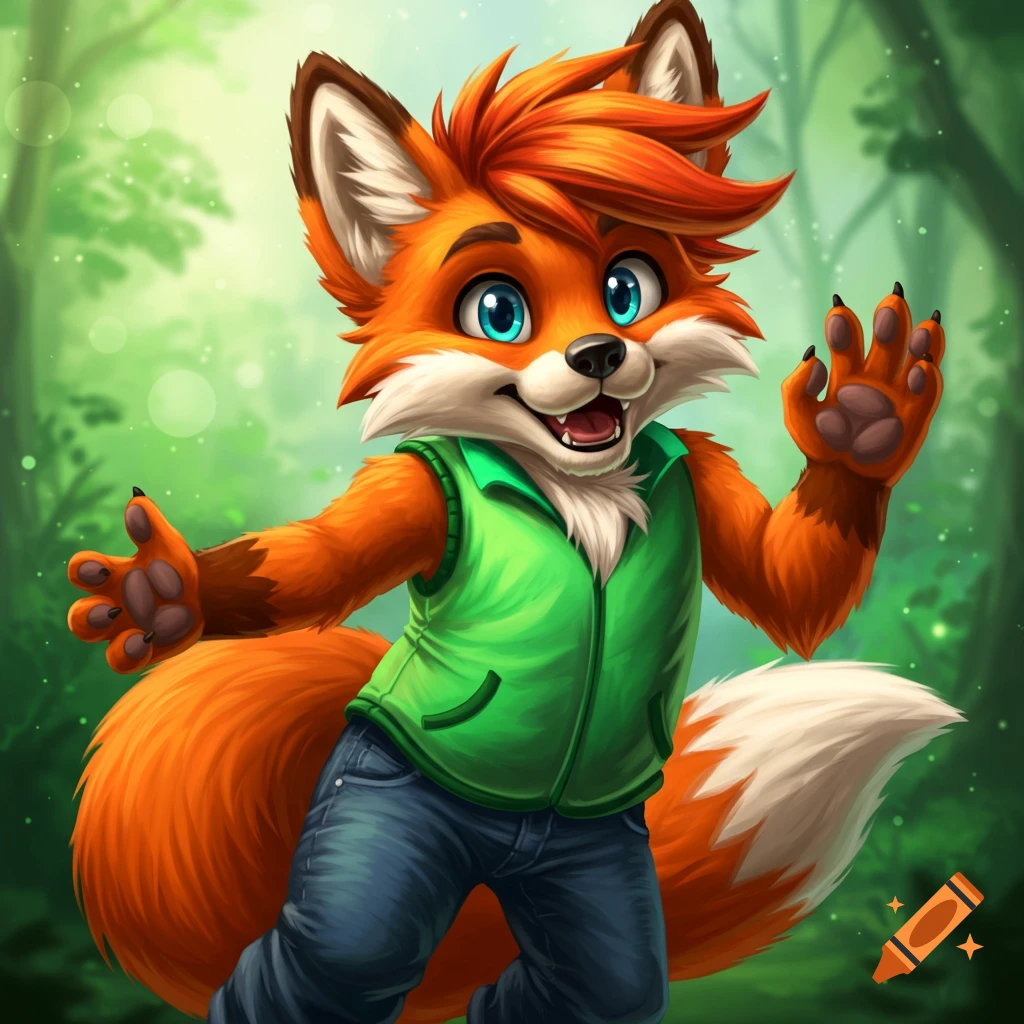 A cartoon fox in a green vest and jeans waves in a sunny forest.