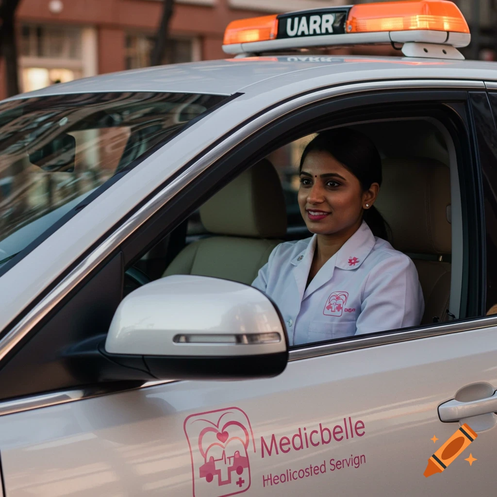 A woman in a lab coat drives a white car with medical service logos.