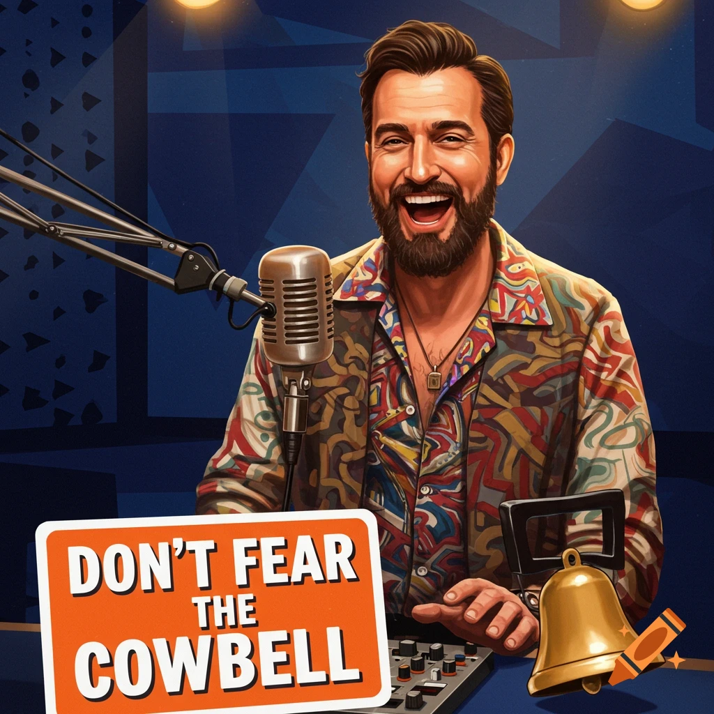 An illustration of a smiling man with a beard and colorful shirt sitting at a radio station with a microphone, mixing board, cowbell, and a sign that says 'Don't Fear The Cowbell'.