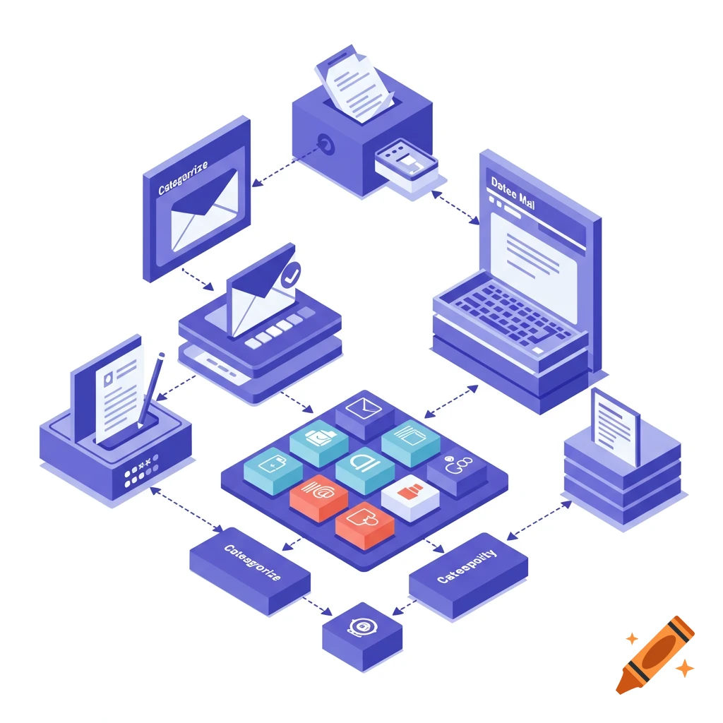 Isometric illustration of a data processing flow diagram for categorizing digital mail.