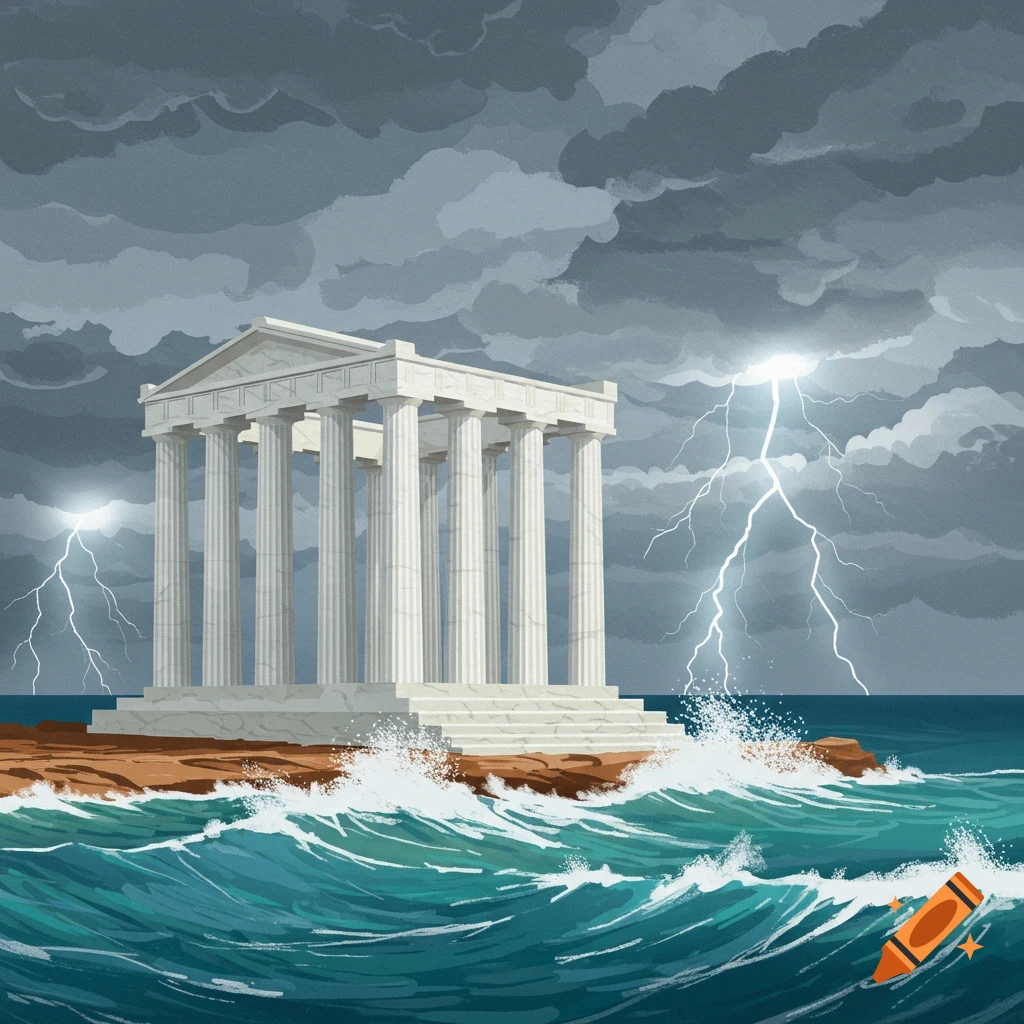 Classical Greek temple on a rocky island in a stormy sea with lightning strikes. Illustration.
