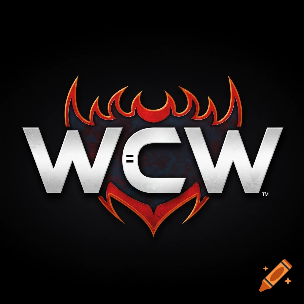 WCW logo with fiery design on a black background