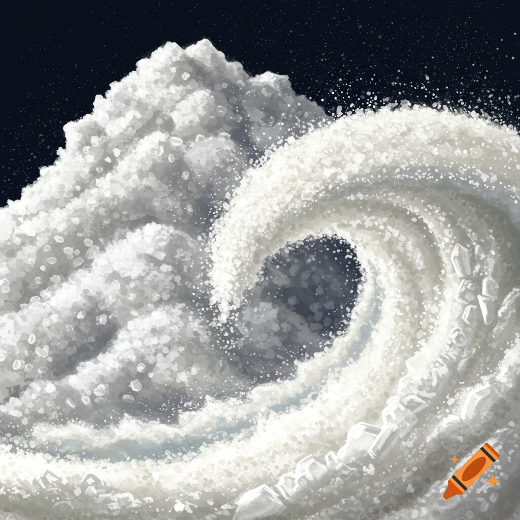 A wave made of white granular and crystal particles against a dark background.