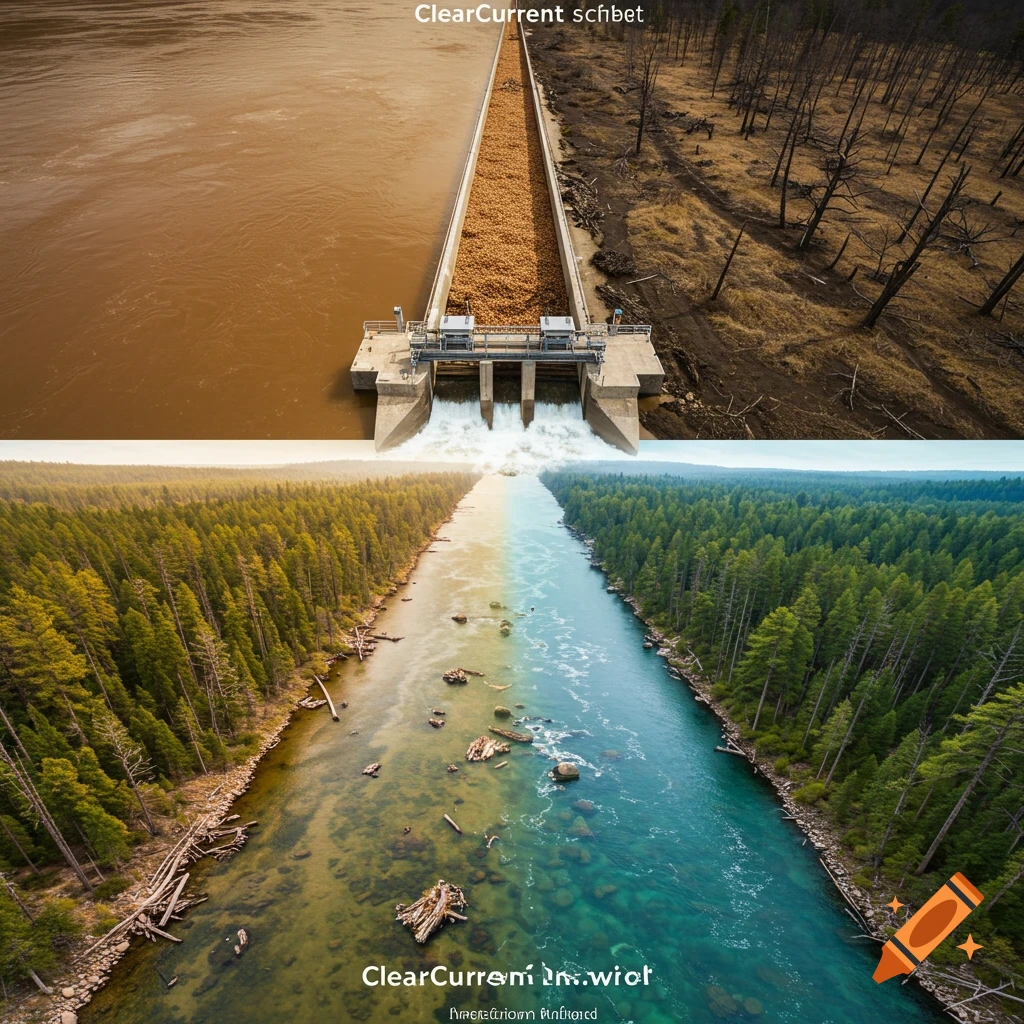 Split image: top shows dam on brown river next to dead forest; bottom shows clear river through lush forest.