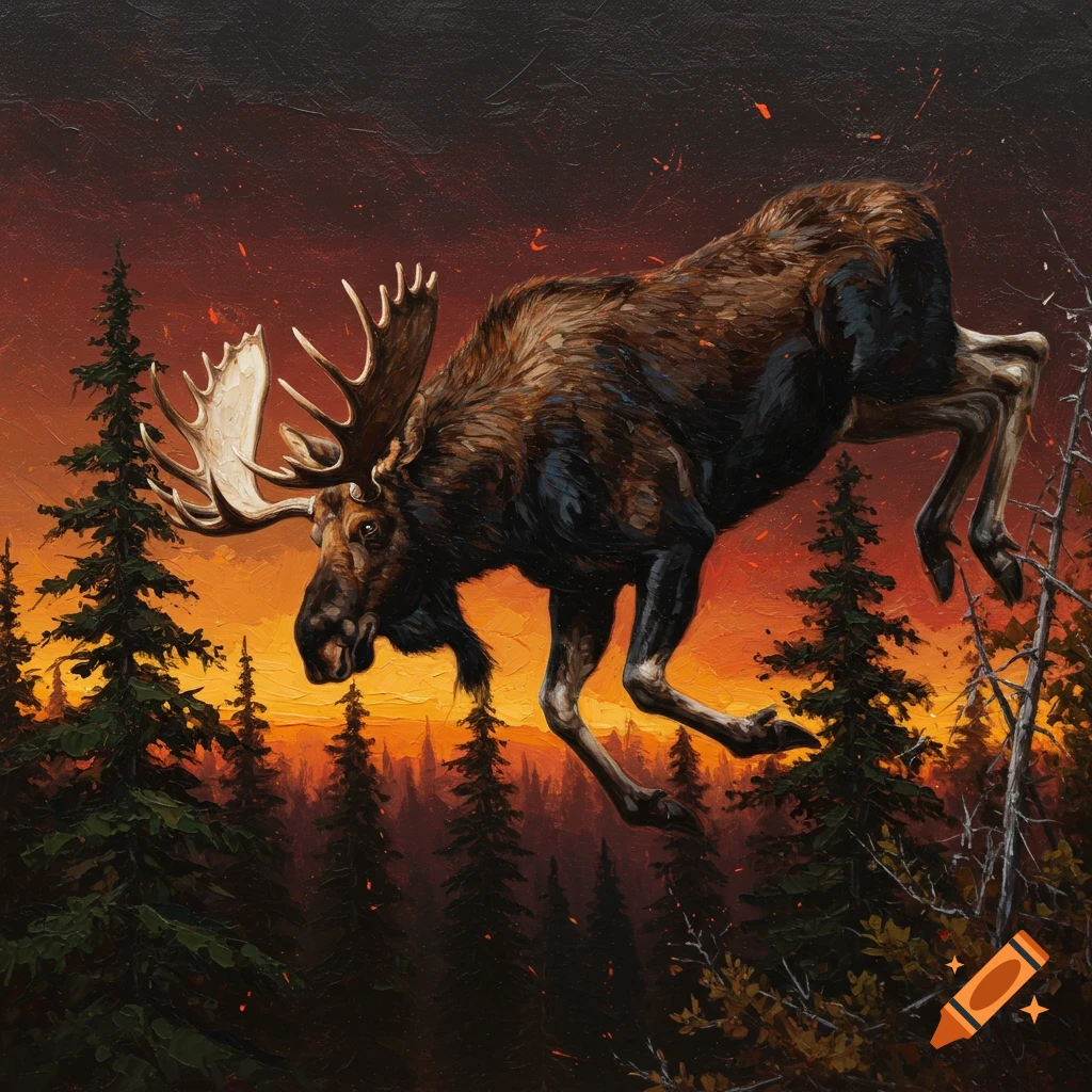 Painting of a moose leaping over trees under a fiery sunset sky.