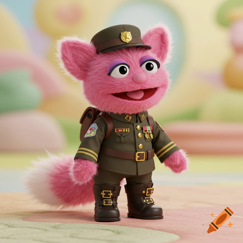 A cute pink furry puppet character in a detailed green military uniform.