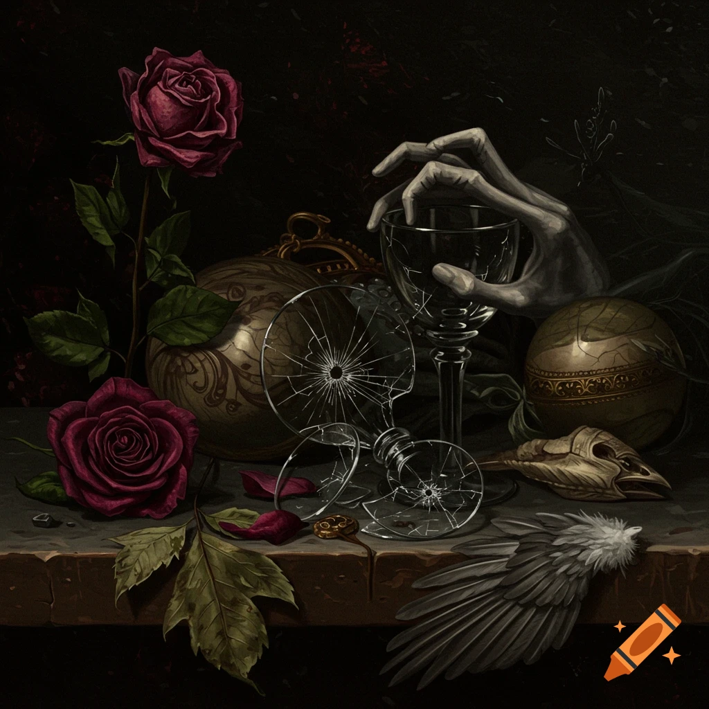 A dark still life painting featuring a skeletal hand reaching for broken glass, alongside roses, a skull, and a bird wing.