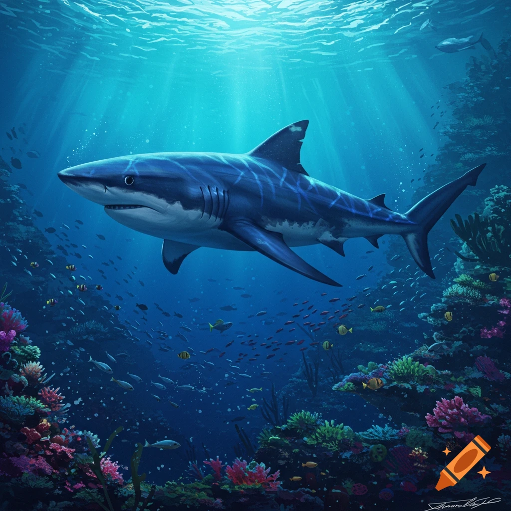 A large shark swims above a colorful coral reef with fish and sunlight filtering through the ocean surface.