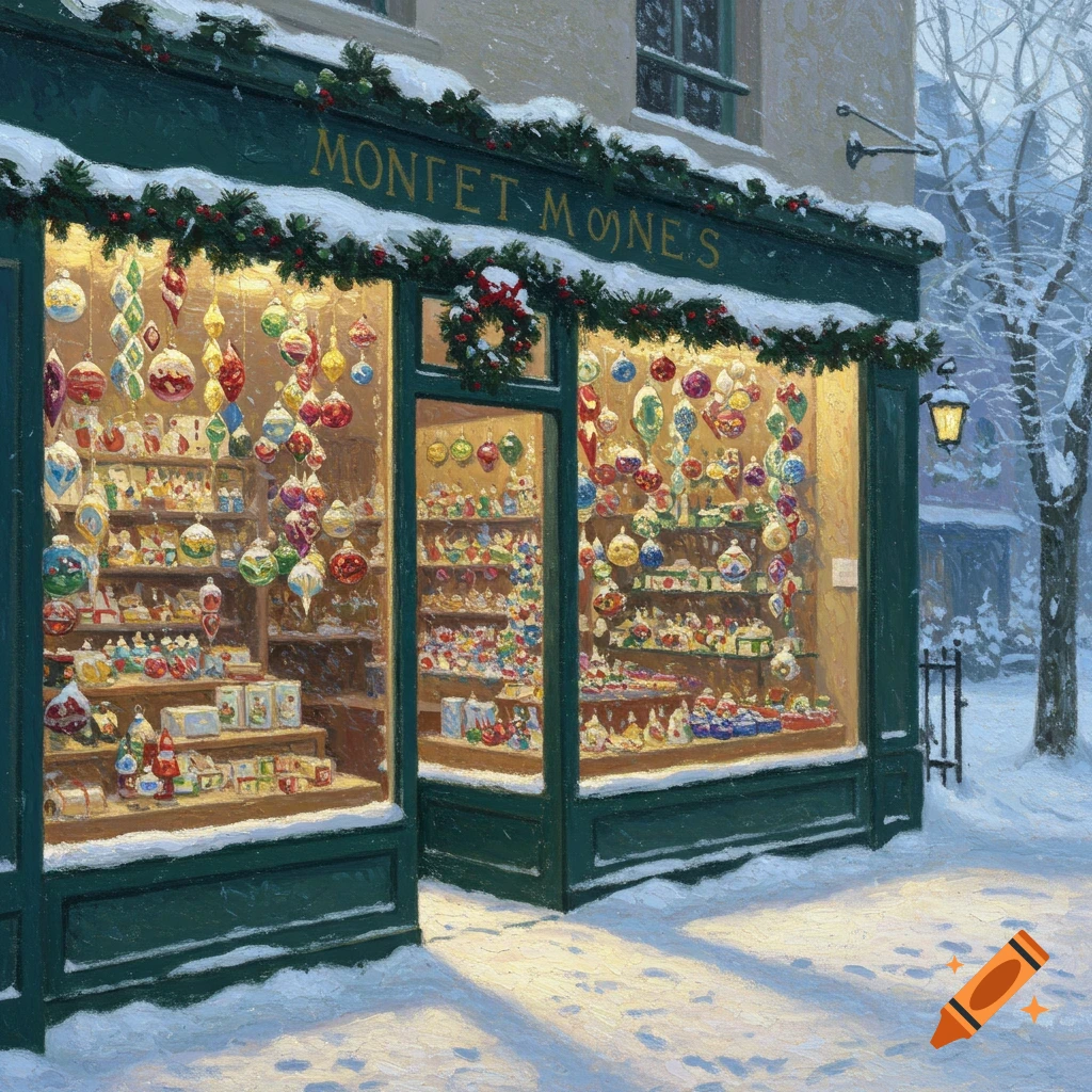 A snowy winter scene featuring a Christmas ornament store storefront in a painterly style.