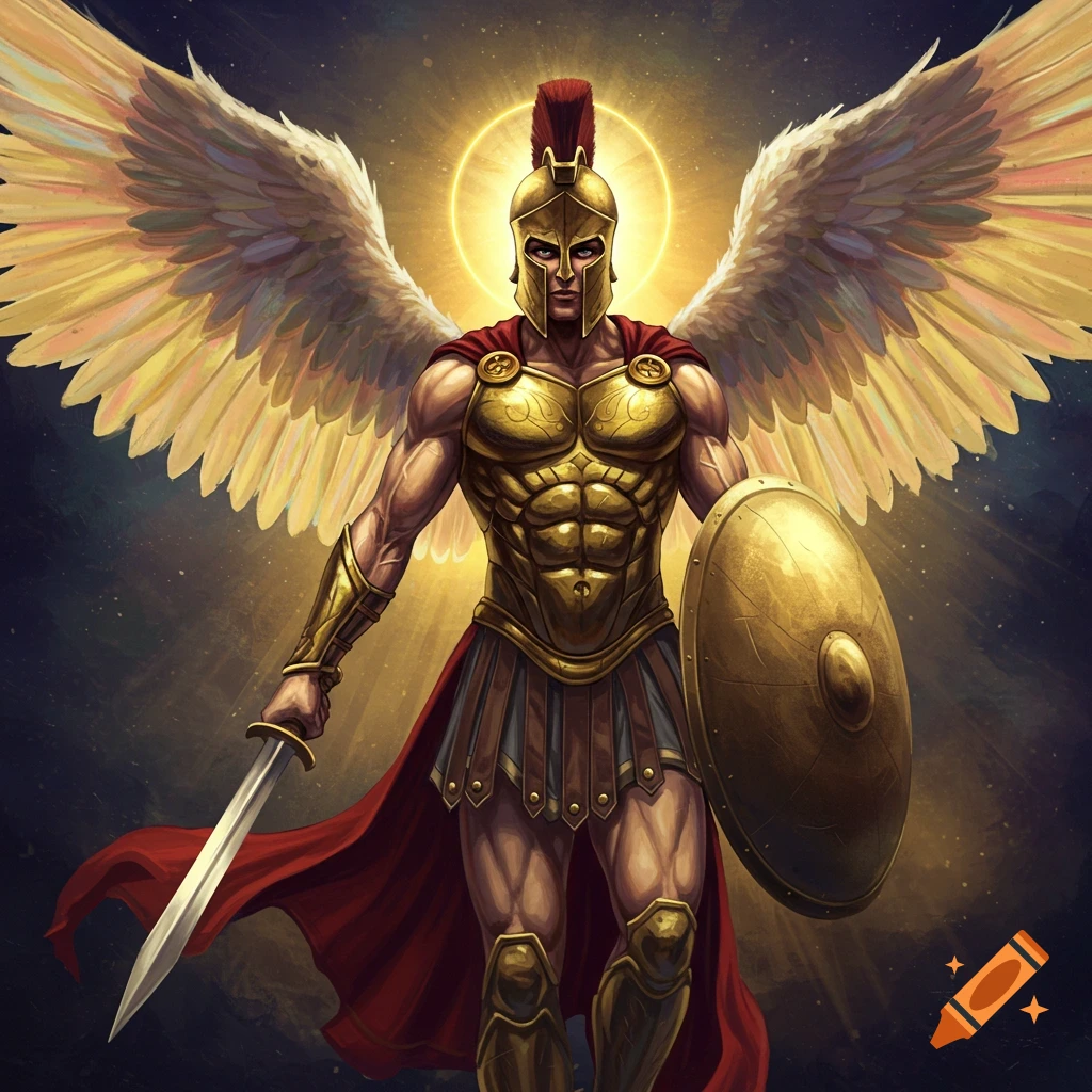 Muscular warrior with gold Spartan armor, red cape, sword, shield, and large golden wings bathed in light.