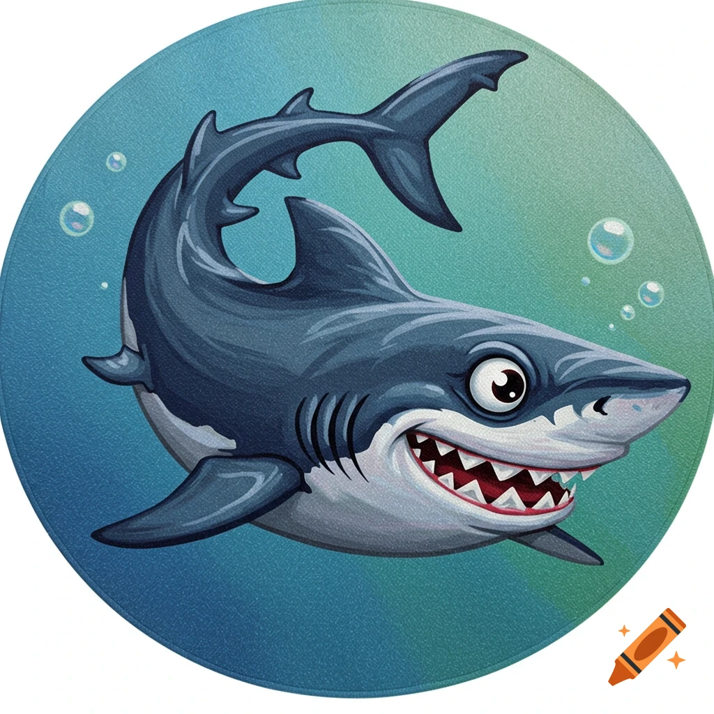 A cartoon shark swims in a blue-green circle, smiling with bubbles around it.
