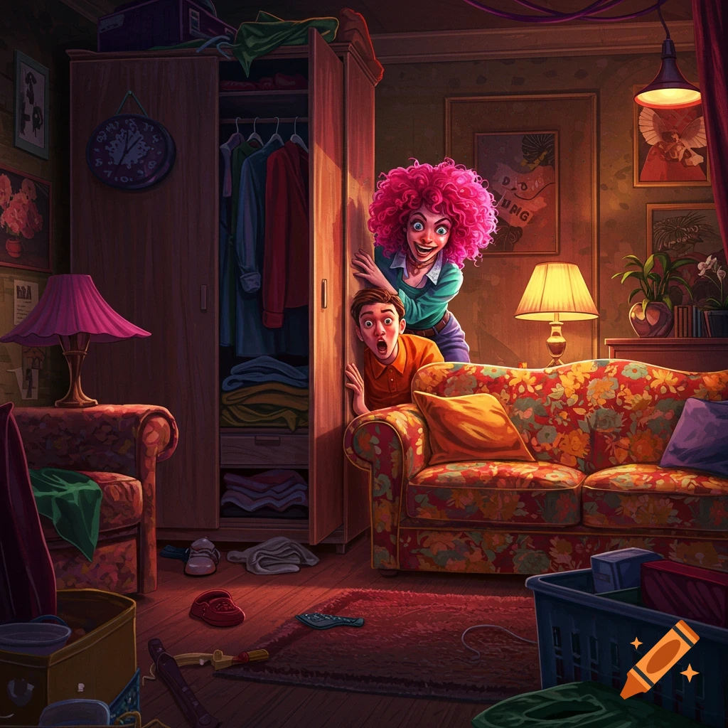 Two startled people peer from behind a closet door in a messy room.