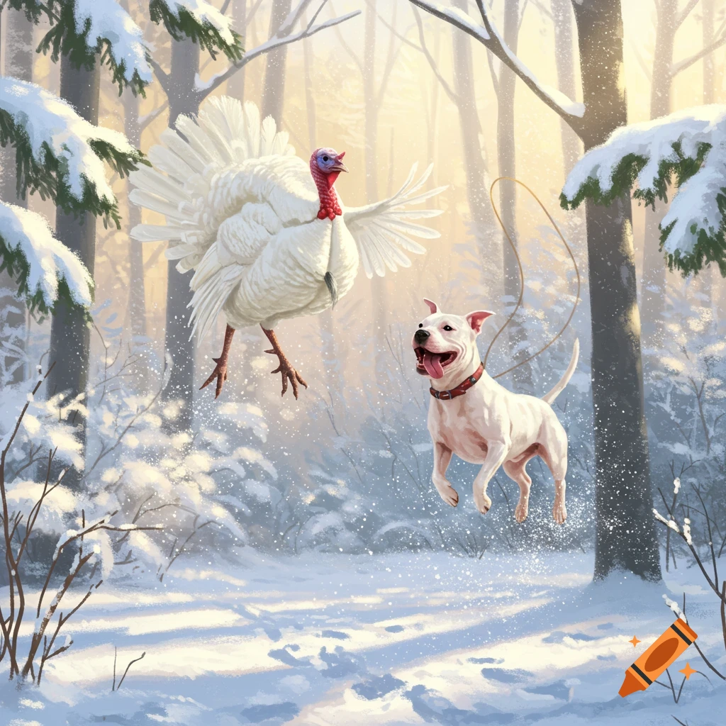A white turkey and a white pitbull dog jump rope in a snowy forest, illustration.