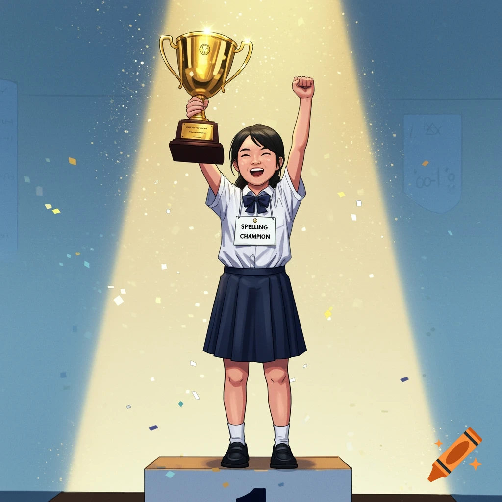 Girl student holding a trophy after winning a spelling bee competition