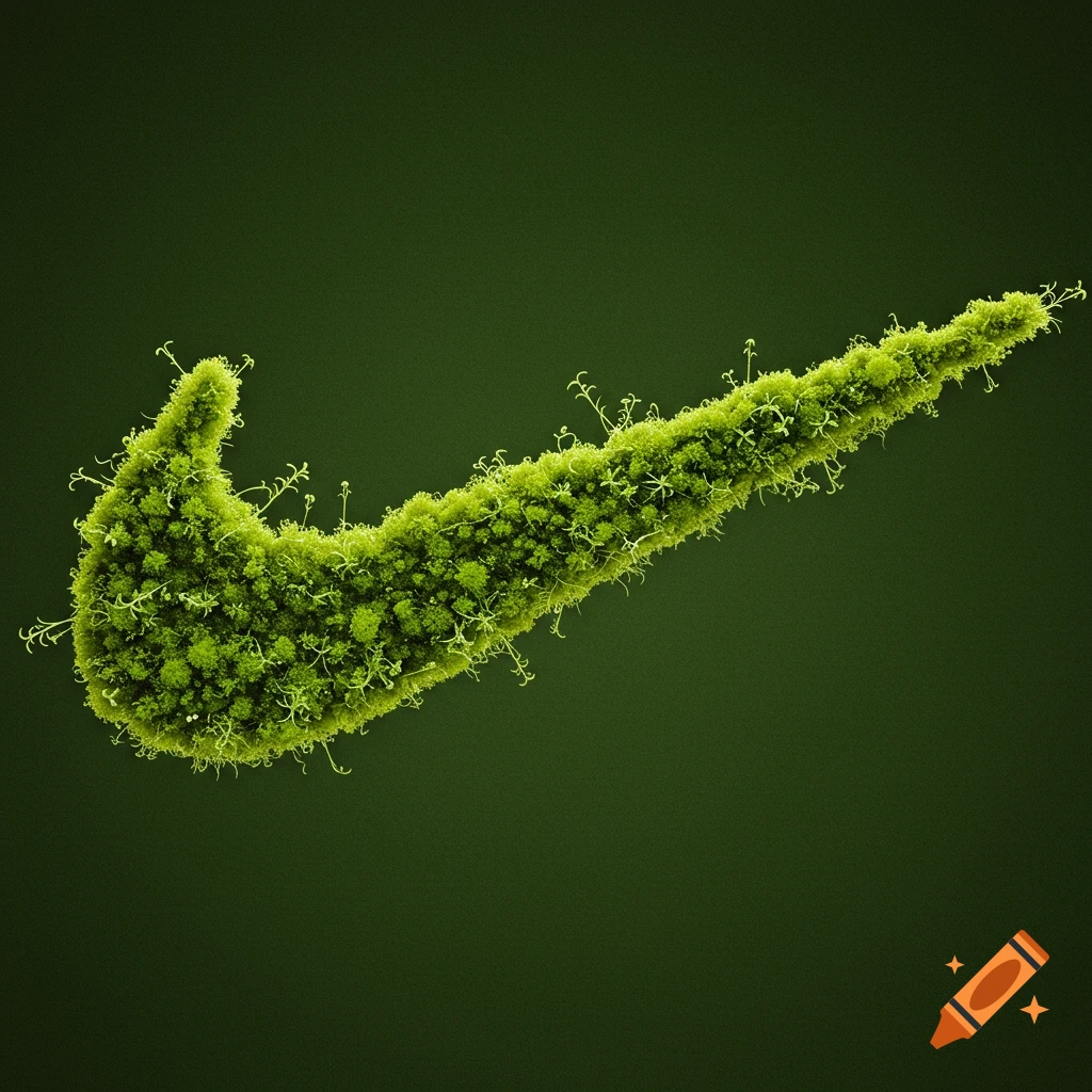 A Nike swoosh logo composed entirely of lush green moss on a dark green background.